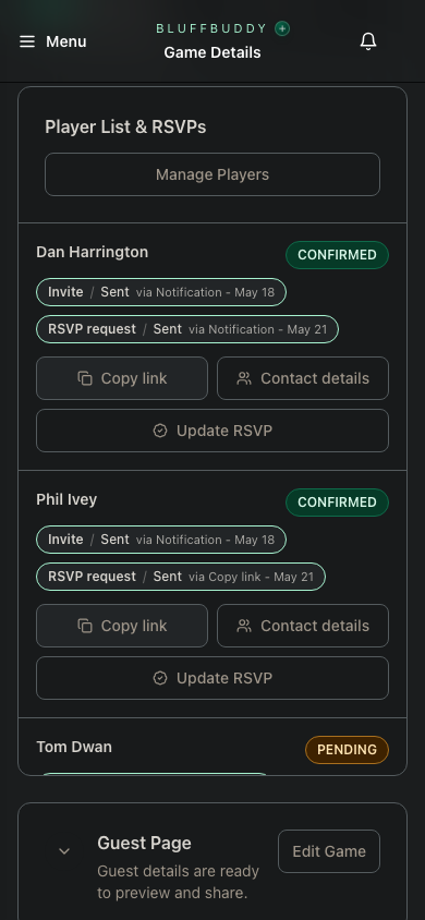 Mobile game roster showing RSVP status, invite sent state, RSVP request status, and guest page actions.