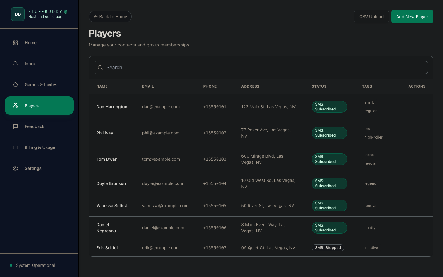 Desktop BluffBuddy player list view with player contacts, SMS status, tags, and organizer actions.